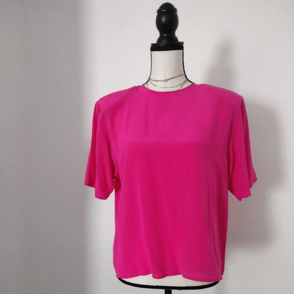 VTG SOPHISTICATES Neon Pink SILK Short Sleeve Top PADDED SHOULDER